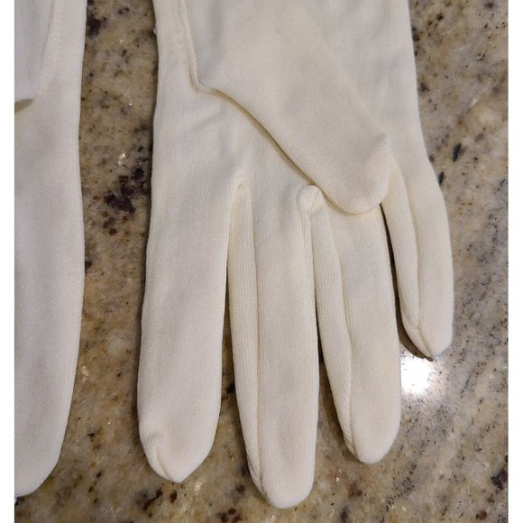 New? Vintage One Size Fits Cream Stretch Nylon Formal 8" Gloves Silver Tone Bead - Picture 8 of 16